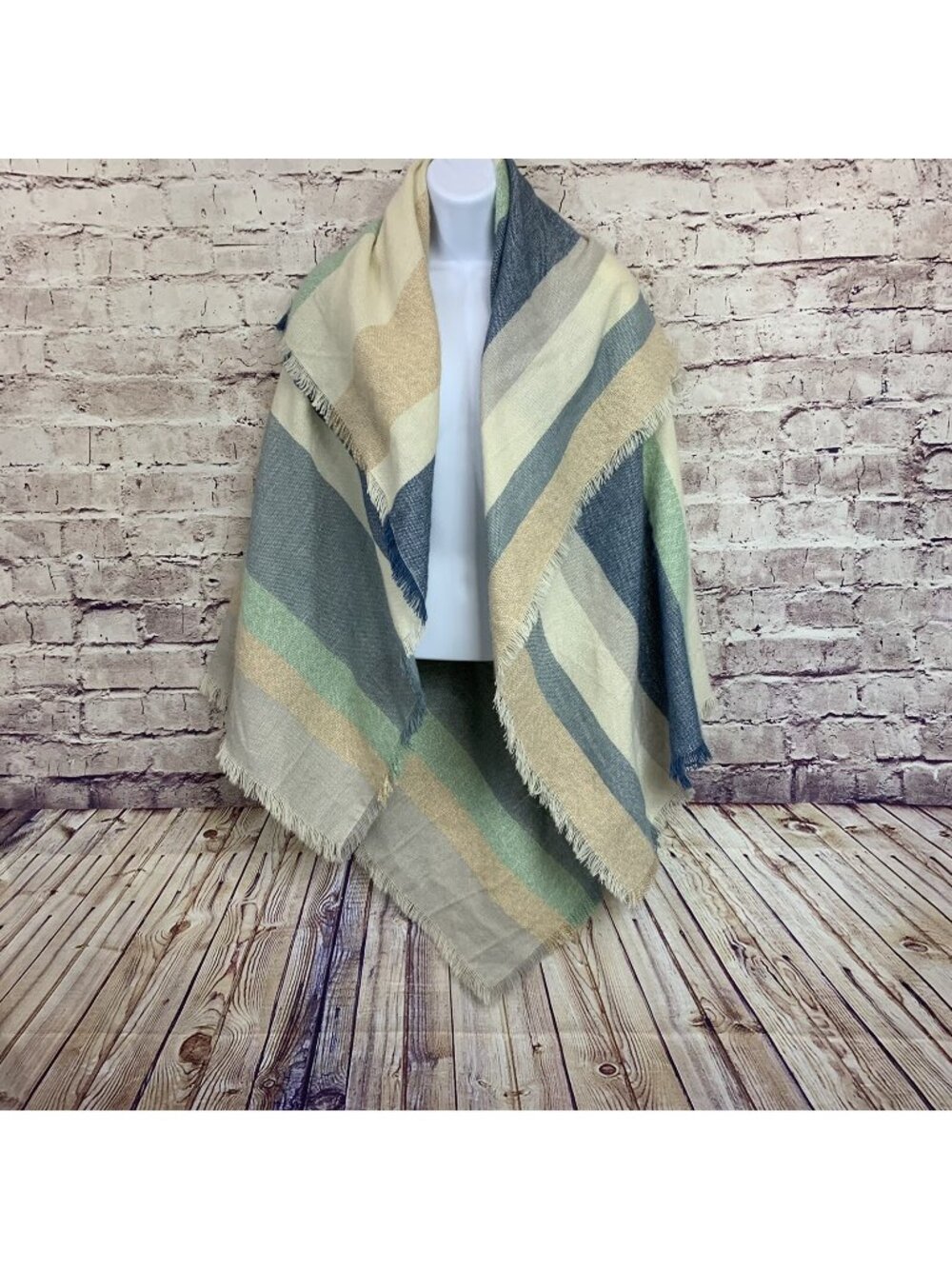 LC Lauren Conrad Beige Blue Striped Fringe One Size Scarf Shawl
